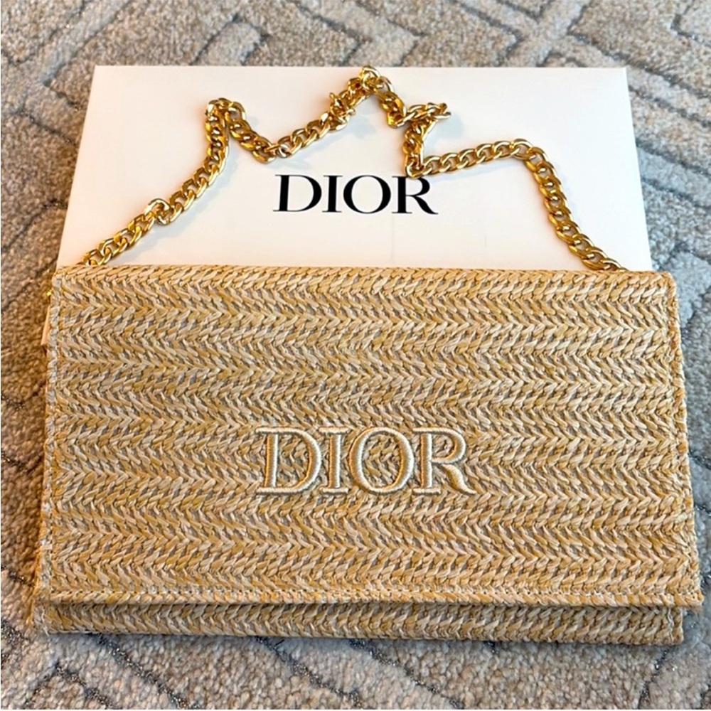 DIOR Beige Woven Chain Bag raffia purse clutch gold chain summer beach cruise - Picture 3 of 8